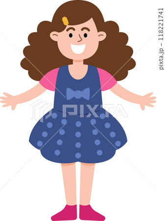 A girl with curly hair is smiling and wearing a blue dress. She is standing and looking at the camera 118221741
