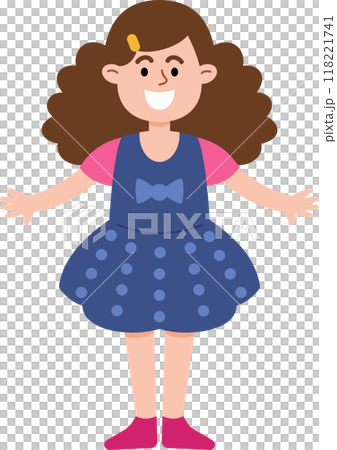 A girl with curly hair is smiling and wearing a blue dress. She is standing and looking at the camera 118221741