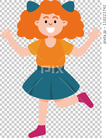 A girl with curly red hair is jumping up and down with her hands in the air A girl with curly red hair is jumping up and down with her hands in the air 118221742