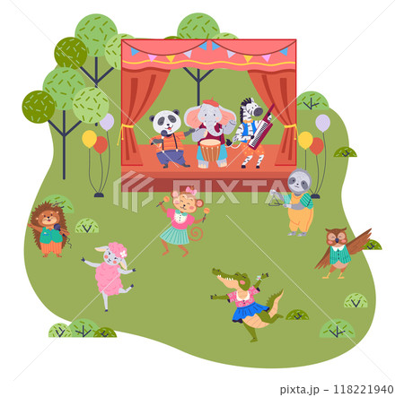 Animal band vector illustration. Celebrate natures rhythms with wildlife concert, musical extravaganza in heart zoo The animal band concept transforms zoo into lively concert Animal band vector illustration. Celebrate natures rhythms with wildlife concert, musical extravaganza in heart zoo The animal band concept transforms zoo into lively concert 118221940