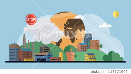 Air pollution vector illustration. Smog, villain in our ecological tale, blankets landscape in shroud danger Industrys belching chimneys exhale poisonous breath air pollution The air pollution concept 118221945