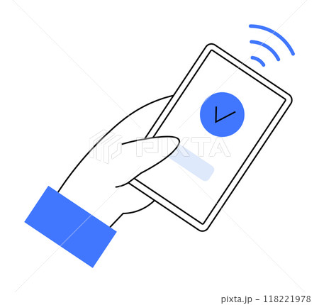 A hand holding a smartphone with a blue checkmark on the screen and Wi-Fi signal lines. Ideal for themes like technology, mobile apps, communication, digital security, and internet connectivity. 118221978