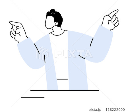 A person, depicted without facial features, wearing a light blue jacket gestures with both hands, pointing upwards. The illustration is simple and minimalistic with black, white, and light blue colors A person, depicted without facial features, wearing a light blue jacket gestures with both hands, pointing upwards. The illustration is simple and minimalistic with black, white, and light blue colors 118222000