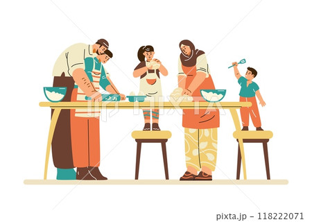 Muslim family cooking vector illustration 118222071