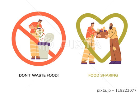 Food sharing and reducing waste vector illustration set Food sharing and reducing waste vector illustration set 118222077