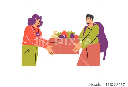 Volunteer gives a man the necessary food. 118222087