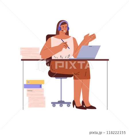 Vector illustration with a secretary working at a desk with a laptop and headset Vector illustration with a secretary working at a desk with a laptop and headset 118222155