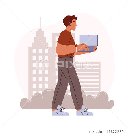 A young man freelancer walking confidently with a laptop in his hands against 118222264