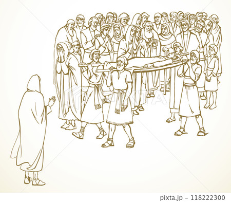 Vector drawing. Funeral of the son of a widow 118222300