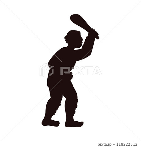 Vector illustration a black silhouette of a caveman holding a baton on a white background Vector illustration a black silhouette of a caveman holding a baton on a white background 118222312