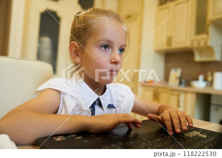 Young girl focused on laptop in bright kitchen during daytime study session 118222530