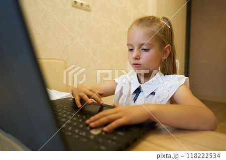 Young girl focused on her studies using a laptop in a cozy indoor space 118222534