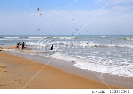 group of men helping fishermen to pull over large fishing net from ocean at beach of south Sri Lanka. group of men helping fishermen to pull over large fishing net from ocean at beach of south Sri Lanka. 118222561