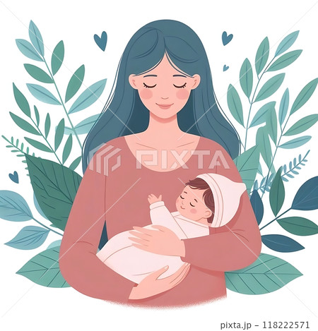 Mother holding newborn baby, flat style illustration, white background, leaves  118222571