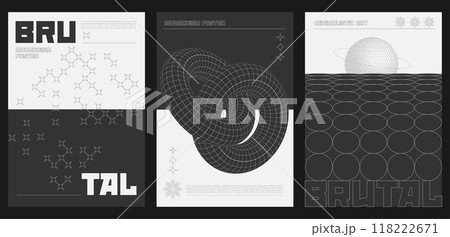 Abstract posters set with brutalism geometric grid shapes on black and white background. Modern brutalist style minimal simple graphic prints. Brutal trendy y2k placard design template. Vector Abstract posters set with brutalism geometric grid shapes on black and white background. Modern brutalist style minimal simple graphic prints. Brutal trendy y2k placard design template. Vector 118222671