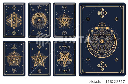 Magic occult Tarot cards with esoteric signs and mystic symbols in vector golden lines. Tarot cards decks or reverse design with sun, moon and star, pentacle with Ankh cross and celestial symbols 118222737