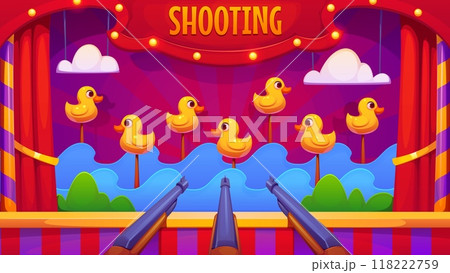Carnival shoot game with ducks, amusement park booth. Cartoon vector duck hunt funfair or circus shooting fairground entertainment. Small stall with drake bird targets, pond with waves and rifle guns 118222759