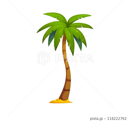 Cartoon jungle coconut and banana palm tree with a tall, curved trunk and a cluster of green fronds, rooted in a small patch of yellow sand. Isolated vector tropical plant, game asset, exotic flora Cartoon jungle coconut and banana palm tree with a tall, curved trunk and a cluster of green fronds, rooted in a small patch of yellow sand. Isolated vector tropical plant, game asset, exotic flora 118222762