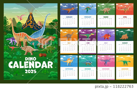 2025 year calendar. Cartoon prehistoric dinosaur characters. Vector template page with each month showcases reptile dino animal species against an ancient Jurassic era landscape and erupting volcano 2025 year calendar. Cartoon prehistoric dinosaur characters. Vector template page with each month showcases reptile dino animal species against an ancient Jurassic era landscape and erupting volcano 118222763