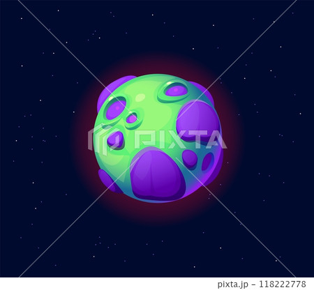 Cartoon fantasy galaxy alien space planet featuring a green surface with large purple patches, floating at dark, starry space background. Vector playful otherworldly spherical celestial game object 118222778