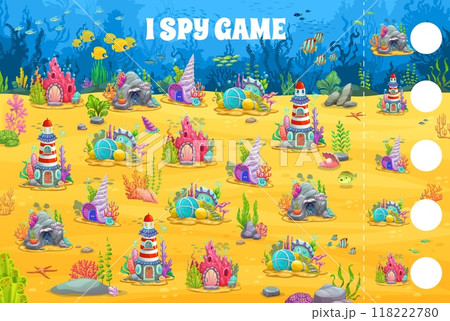 I spy game worksheet, underwater cartoon houses. Vector riddle for kids with mermaid homes. Count how many fantasy building on the sea bottom. Children test, education task for baby mind development 118222780