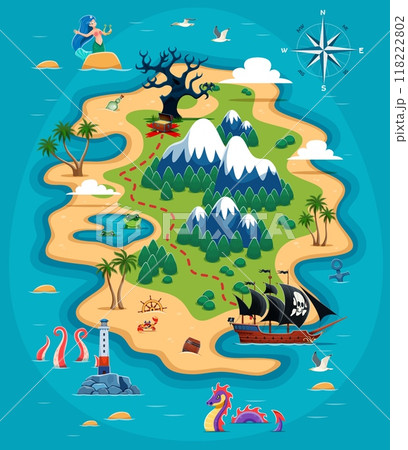 Pirate island with treasures map with red dotted line leads the way to hidden treasure chest and landmarks such as palm trees, lighthouse, mountains, spooky tree, mermaid, pirate ship and sea creature 118222802