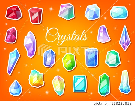 Jewelry gems and crystals stickers for jewel gemstones and rhinestones, vector icons. Cartoon jewelry gems stickers of diamond, ruby, emerald and sapphire with quartz precious stones for magic jewels Jewelry gems and crystals stickers for jewel gemstones and rhinestones, vector icons. Cartoon jewelry gems stickers of diamond, ruby, emerald and sapphire with quartz precious stones for magic jewels 118222818
