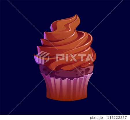 Cartoon chocolate cupcake, confectionery, sweet pastry. Vector muffin made with rich, cocoa-flavored batter with decadent moist texture, decorated with swirled choco frosting on top, sits on paper cup 118222827