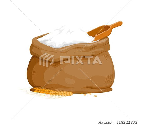 Wheat flour bag, cartoon vector brown burlap, filled with flour and is accompanied by a wooden scoop and some wheat stalks lying beside it, representing raw baking, agriculture and cooking ingredients 118222832