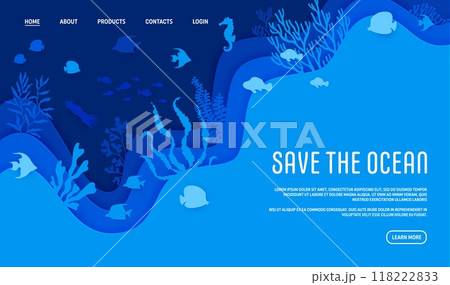 Landing page with paper cut underwater landscape and sea animals silhouettes. Vector Save the ocean awareness web banner template with tropical ocean biodiversity, corals and precious marine life Landing page with paper cut underwater landscape and sea animals silhouettes. Vector Save the ocean awareness web banner template with tropical ocean biodiversity, corals and precious marine life 118222833