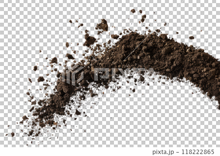 flying and scattered soil dirt in the air, isolated on a clean white background, 118222865