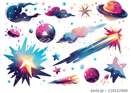 set of celestial effects, such as comets, shooting stars, and nebulae, set against a white backdrop. 118222866