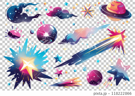 set of celestial effects, such as comets, shooting stars, and nebulae, set against a white backdrop. 118222866