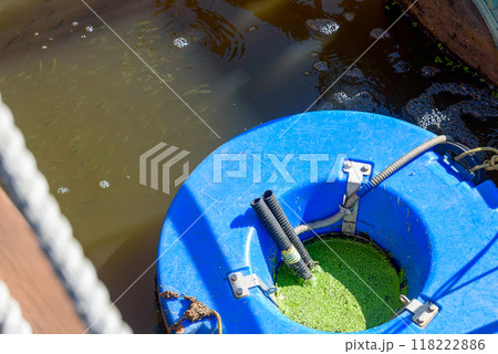 A feeding trough for fry at a small fish farm in a public park. 118222886