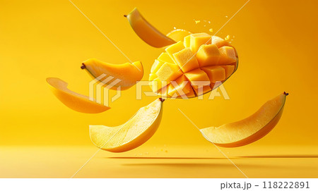 Vibrant and juicy mango slices artistically floating in mid-air, showcasing their fresh 118222891
