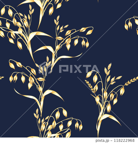 Oats stalks seamless pattern on dark blue background. Golden oats bouquets. Avena sativa watercolor clipart. Perfect for textile design, rustic-themed packaging, eco-friendly branding Oats stalks seamless pattern on dark blue background. Golden oats bouquets. Avena sativa watercolor clipart. Perfect for textile design, rustic-themed packaging, eco-friendly branding 118222968