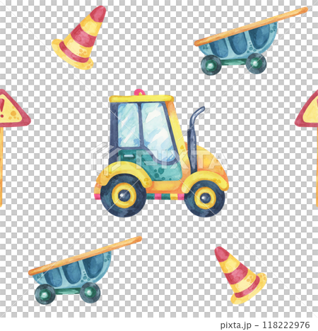 Yellow green vehicle, blue wheelbarrows, striped road cones, and traffic signs. Seamless pattern, watercolor clipart, cartoon style. Ideal for custom gift wraps, childrens decor, and textile prints Yellow green vehicle, blue wheelbarrows, striped road cones, and traffic signs. Seamless pattern, watercolor clipart, cartoon style. Ideal for custom gift wraps, childrens decor, and textile prints 118222976
