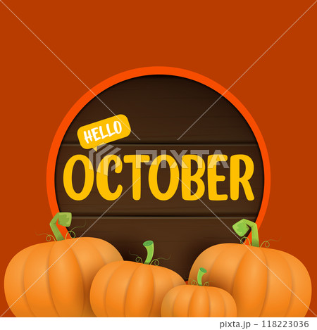 Hello October banner with pumpkins and wooden board with text. Hello october poster, flyer, card design template with pumpkins seeds Hello October banner with pumpkins and wooden board with text. Hello october poster, flyer, card design template with pumpkins seeds 118223036