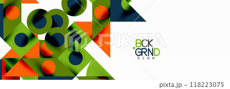 Trendy colorful circles, lines, arrows, triangles and other geometric shapes. Vector Illustration For Wallpaper, Banner, Background, Card, Book Illustration, landing page 118223075