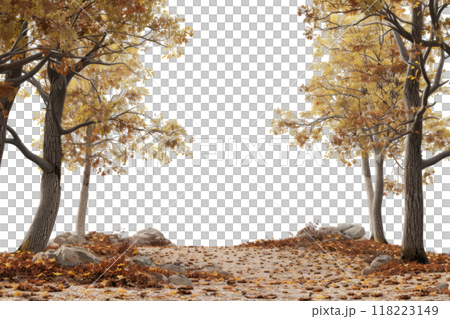 visualization of an oak forest floor in autumn, rich textures of fallen leaves and tree trunks. 118223149