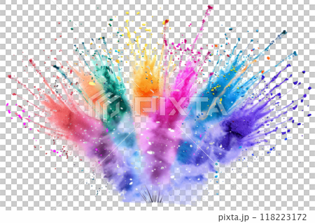 A burst of colorful powder exploding outward in a grand celebration, against a white background. 118223172