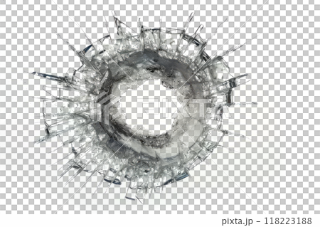 A close-up of a bullet hole in a windshield, with glass shards frozen in time. 118223188