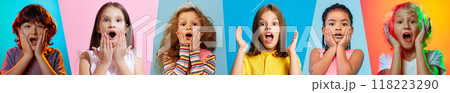 Collage made of close-up portraits of different chidden, boys and girls expressing emotion of shock and excitement against multicolored background. 118223290