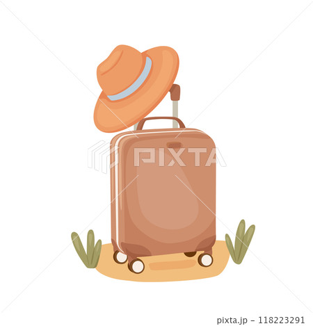 Cartoon suitcase and hat vector illustration. Symbol of travel icon concept. Cartoon suitcase and hat vector illustration. Symbol of travel icon concept. 118223291