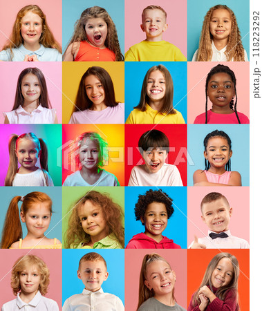 Collage made of close-up portraits of different chidden, boys and girls expressing different emotions of happiness and joy against multicolored background. 118223292