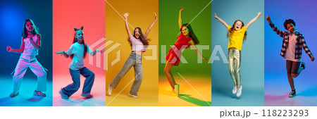 Collage. Full-length image of happy young girls, children in casual stylish clothes cheerfully dancing against multicolored background 118223293