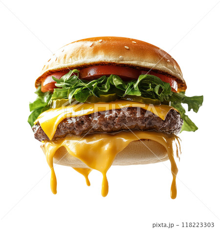 A vibrant cheeseburger with melted cheese and fresh lettuce, floating in the air on white background 118223303