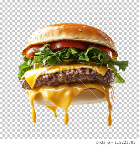 A vibrant cheeseburger with melted cheese and fresh lettuce, floating in the air on white background 118223303