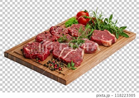 wooden board displaying a variety of raw steak cuts, garnished with fresh herbs and spices. 118223305