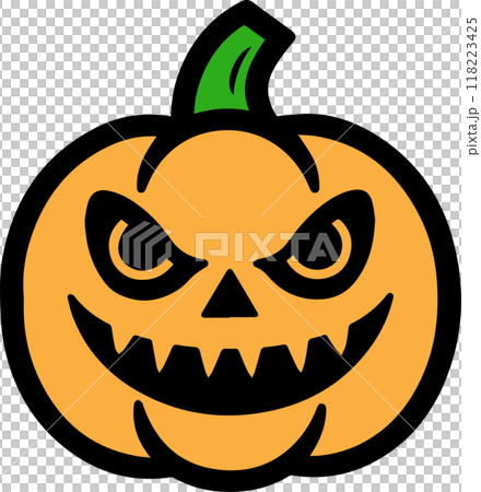 Halloween Icon Featuring Scary Smiling Pumpkin Jack O Lantern in a Creepy Orange, Green Black Outlined Vector for Festive Theme 118223425